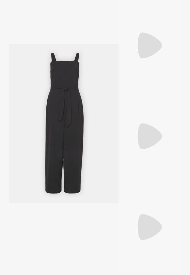 Musteline must jumpsuit ruudukujulise kaelusega, õlavarre rihmad, reguleeritav nöörivöö vöökohal ja laiad sääred. Pehme materjal sujuva tekstuuriga.; Tumehall villane kardigan ümmarguse kaelusega, pikad varrukad ja esine nööbikinnitus. Omab hõbedasi nööpe ja on lihvitud disainiga.; Mustad baleriinakingad lakknahast varbale, väikese lipsu detaili ja madala kontsaga valgel taustal.; Mustriga musta nahast käekott, millel on struktuurne kuju, sile tekstuur ja üks õlarihm. Omab peent, ümarat klappi.