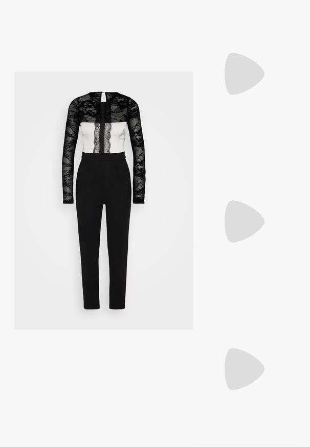 Cuerpo de encaje negro de manga larga combinado con una sección blanca, que presenta un panel de encaje vertical. Pantalones negros ajustados con una textura suave.; Chaleco negro sin mangas con un diseño ajustado, que presenta un cierre de un solo botón, solapas estructuradas y bolsillos laterales.; Zapato slingback de charol negro con puntera redondeada, correa ajustable con hebilla y tacón grueso de bloque sobre fondo blanco.; Bolso cruzado de imitación cuero negro con un patrón de cocodrilo texturizado, un asa superior y una correa ajustable. Característica: cierre de solapa curvada.