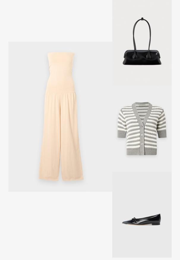 Combinaison beige bustier avec corsage ajusté et pantalons larges, froncée à la taille, présentée sur un fond gris clair.; Cardigan rayé gris et blanc à manches courtes, décolleté en V et cinq boutons. Texture en tricot avec des bords côtelés.; Chaussure plate en cuir verni noir avec un bout pointu, une petite lanière décorative et un petit talon carré. Texture lisse et design épuré.; Sac à main en cuir noir avec deux poignées allongées, une texture lisse et une base arrondie, ornée d'accents décoratifs sur les côtés.