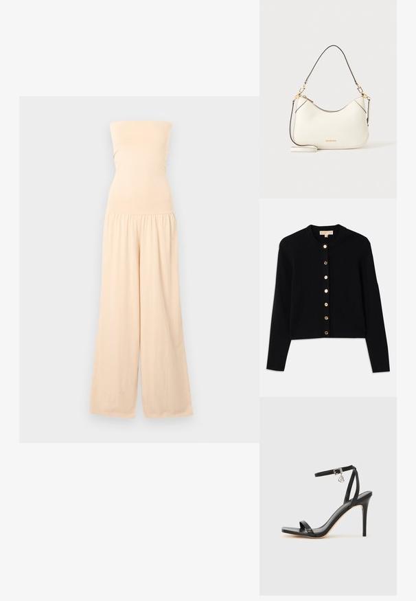 Beige strapless jumpsuit met een aansluitend lijfje en wijde pijpen, gegatherd bij de taille, weergegeven tegen een lichtgrijze achtergrond.; Zwarte cardigan van zacht stof, met een ronde hals, lange mouwen en zes gouden knopen aan de voorkant.; Zwarte sandaal met hoge hak, smalle enkelband, vierkante neus, soepel leermateriaal en metalen gespsluiting.; Witte leren schoudertas met goudkleurige hardware, zwarte biezen en afneembare schouderriem. Michael Kors-logo in goud onderaan in het midden.