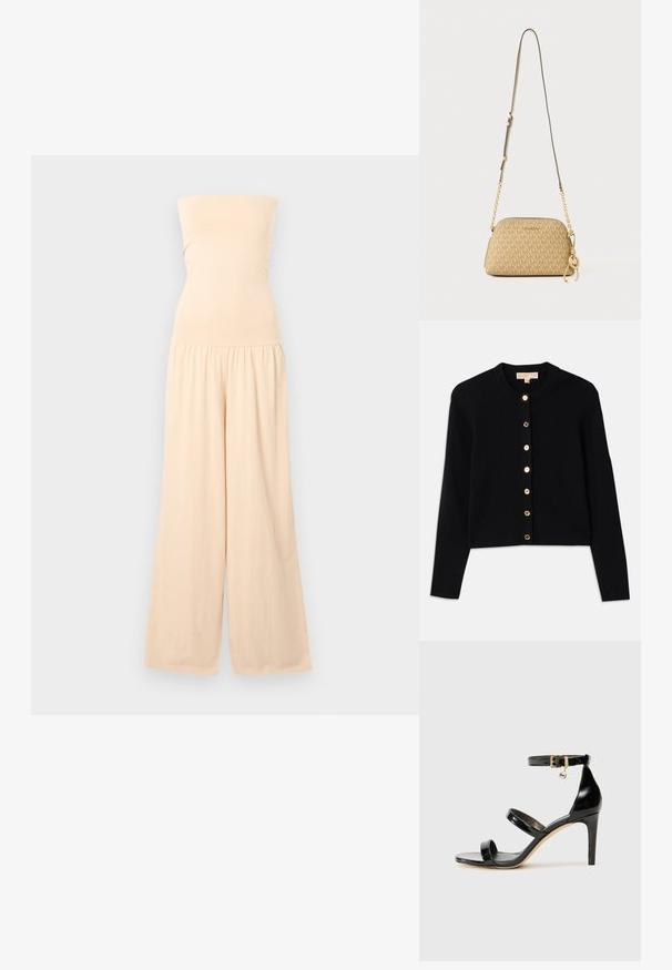 Beige strapless jumpsuit met een aansluitend lijfje en wijde pijpen, gegatherd bij de taille, weergegeven tegen een lichtgrijze achtergrond.; Zwarte cardigan van zacht stof, met een ronde hals, lange mouwen en zes gouden knopen aan de voorkant.; Zwarte gepatineerde leren sandaal met drie banden, enkelgesp en 10 cm hoge stiletto hak. Bevat gouden hardwaredetails en een logo charm.; Beige Michael Kors crossbodytas met terugkerend MK-logo, verstelbare leren en gouden kettingriem en ronde MK-bedel aan de zijkant.
