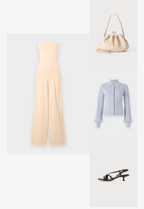 Combinaison beige bustier avec corsage ajusté et pantalons larges, froncée à la taille, présentée sur un fond gris clair.; Cardigan bleu clair avec une texture côtelée, fermeture à boutons et col. Comporte des manches longues avec des poignets ajustés.; Sandale noire en cuir à brides fines, talon bas kitten, boucle à la cheville et petit pendentif doré sur fond clair uni.; Sac à main en cuir souple beige avec un fermoir en métal argenté, une bandoulière simple et une bandoulière chaîne optionnelle sur fond blanc.