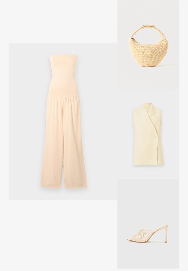 Trägerloser beiger Overall mit figurbetontem Oberteil und weitem Hosenbein, in der Taille gerafft, vor hellgrauem Hintergrund präsentiert.; Ärmelloser gelber Blazer mit Spitzkragen, Einzelknopfverschluss und taillierter Form. Sanfter Stoff mit glatter Struktur.; Beige High Heels mit einem Riemen-Design. Sie verfügen über eine quadratische Spitze, eine glatte Oberfläche und einen schlanken Absatz mit einem goldenen Akzent an der Basis.; Beige gewebte Handtasche mit rundem Körper, Reißverschluss und kurzem, dickem Riemen in einfachem, strukturiertem Häkelstil.
