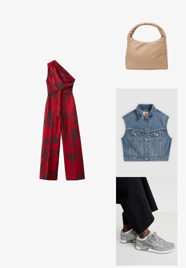 Punainen yhden olkapään haalari leveillä lahkeilla ja vastaavasta kankaasta valmistettu vyö, jossa on tumma abstrakti kukkakuosi.; Sininen farkuttu sleeveless-takki, jossa edessä napit, kaksi rintataskua läpillä ja klassinen kaulus.; Harmaat lenkkikengät, jotka ovat valmistettu mokasta ja verkkomateriaalista. Niissä on kuvioitu paneeli, pehmustettu pohja ja vaaleat yksityiskohdat, yhdistetty mustiin housuihin.; Pehmeä, beige nahkainen käsilaukku, jossa pehmustettu kahva ja jämäkkä suorakulmainen muoto, esillä valkoista taustaa vasten.