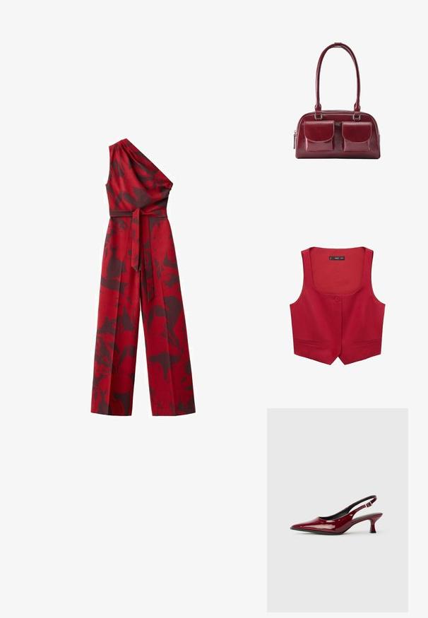 Rød one-shoulder jumpsuit med brede ben og bælte i matchende stof, med et mørkt, abstrakt blomsterprint.; Rød ærmeløs vest lavet af stof, med rund hals, enkelt knaplukning foran og to sidelommer.; Bordeaux patenteret læder slingback hæle med spids tå og en slank stiletto hæl. Åben rygdesign med justerbar ankelrem.; Mørkerød læderhåndtaske med to forlommer med klap og lange skulderstropper, vist på hvid baggrund.