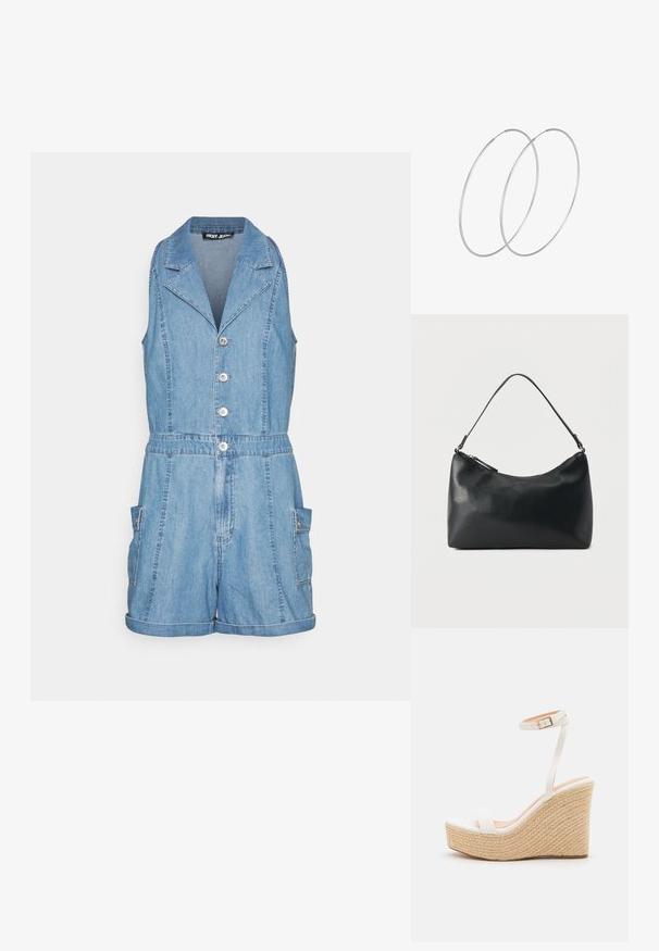DKNY ROMPER - Overal - blue denim; Biele wedge sandále s textúrovanou rope platformou, s tenkým pásikom okolo členka a hladkým, uzavretým dizajnom špičky.; Čierna textúrovaná kožená kabelka na rameno s oblúkovým horným zipsom a jedným nastaviteľným remienkom na jednoduchom pozadí.; Strieborné kruhové náušnice s minimalistickým dizajnom. Cirkulárny tvar, hladký povrch a tenký profil. Ľahké s lesklým povrchom.