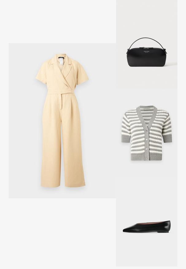 Beiger Jumpsuit mit kurzen Ärmeln, weitem Bein, Wickel-V-Ausschnitt und taillierter Passform, gefertigt aus leichtem Stoff.; Grau-weiß gestreifter Cardigan mit kurzen Ärmeln, V-Ausschnitt und fünf Knöpfen. Stricktextur mit gerippten Kanten.; Schwarzer flacher Damenleder-Schuh mit spitzer Kappe und niedrigem Absatz, von der Seite auf einfarbigem hellgrauem Hintergrund gezeigt.; Schwarze Leder-Armbandtasche mit silbernem Reißverschluss und kurzem Griff, geprägtes Emporio Armani Milano 1981-Logo auf der Vorderseite.