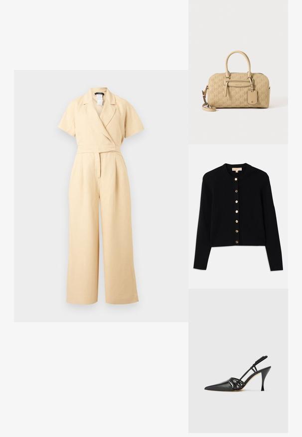 Beige kortærmet jumpsuit med vide ben, omslagsstil V-hals og taljeret pasform, lavet af letvægtsstof.; Sort cardigan lavet af blødt stof, med rund halsudskæring, lange ærmer og seks guldtonede knapper foran.; Sort læder højhælede slingback-sko med spids tå, crisscross-remdesign og slank stiletto-hæl. Glat tekstur og minimale accenter.; Beige Michael Kors håndtaske med præget MK-mønster, dobbelte håndtag, frontlynlåslomme og aftagelig skulderrem på hvid baggrund.