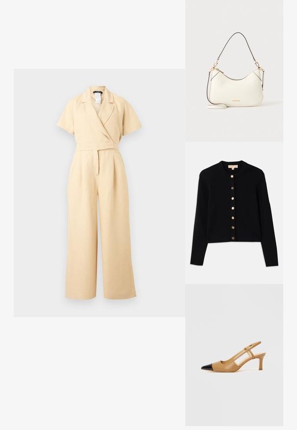 Beige korte mouw jumpsuit met wijde pijpen, overslag V-halskraag en getailleerde taille, gemaakt van lichtgewicht stof.; Zwarte cardigan van zacht stof, met een ronde hals, lange mouwen en zes gouden knopen aan de voorkant.; Beige slingbackhakken met een spitse zwarte neuskap, met uitgeholde zijkanten en een blokhak van gemiddelde hoogte. Glad leermateriaal.; Witte leren schoudertas met goudkleurige hardware, zwarte biezen en afneembare schouderriem. Michael Kors-logo in goud onderaan in het midden.