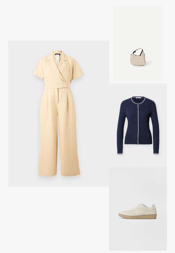 Combinaison beige à manches courtes avec jambes larges, col en V style portefeuille et taille cintrée, réalisée dans un tissu léger.; Cardigan bleu marine en maille torsadée avec bordure blanche sur le col, la patte de boutonnage et les poignets, doté de boutons sur le devant et de manches longues.; Baskets en daim beige avec un design texturé, semelle en caoutchouc plate et couture latérale distincte. Bout arrondi et col rembourré.; Sac à main en cuir beige en forme de croissant avec une seule bandoulière et des coutures minimalistes, posé sur un fond blanc uni.