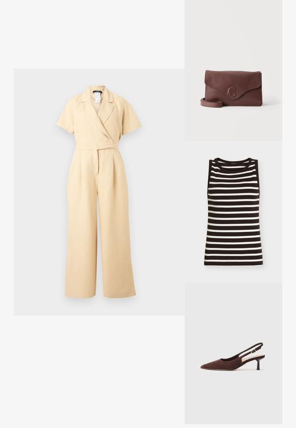 Beige kortærmet jumpsuit med vide ben, omslagsstil V-hals og taljeret pasform, lavet af letvægtsstof.; Ærmeløs sort-hvid strikket top med vandrette striber og rund halsudskæring på en ensfarvet baggrund.; Brune ruskinds slingback sko med spids tå og en slank hæl. Har en justerbar rem med en metalspænde.; Brun læder crossbody taske med klaplukning og præget dekorativt logo foran, vist mod en hvid baggrund.
