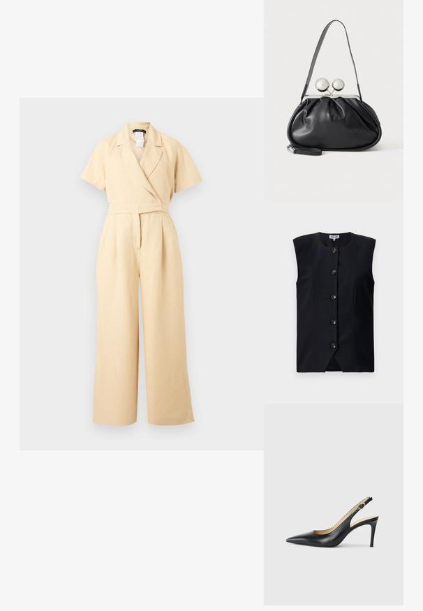 Mono beige de manga corta con piernas anchas, cuello en forma de V estilo cruzado y cintura ajustada, confeccionado con tela ligera.; Chaleco sin mangas de color navy con corte recto, rayas verticales y seis botones en la parte delantera, con un escote redondo y una ligera abertura en la parte inferior.; Tacones altos negros de cuero con tirantes, punta afilada, correa ajustable y un elegante tacón de aguja, con un acabado suave.; Bolso de mano de cuero negro con diseño fruncido, una sola correa, marco metálico plateado y dos cierres grandes redondos de plata.