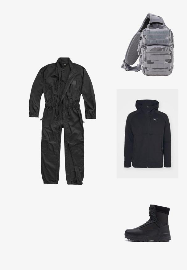 Brandit BRANDIT HERREN EINSATZKOMBI - Buksedragter - black; Sort zip-up hættejakke lavet af blødt stof, med hætte, sidelommer og et hvidt logo på venstre bryst. Glat tekstur med en moderne pasform.; Sort taktisk støvle med en glat læderoverdel og stofpaneler, høj ankeldesign, snørebånd foran og slidstærk gummisål.; Brandit US COOPER EVERYDAYCARRY-SLING - Skuldertasker - blizzard camo