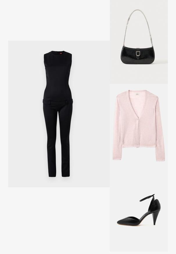 Sort ærmeløs jumpsuit med tætsiddende krop og bred talje, med skræddersyede bukser og lynlåslukning i ryggen. Glat tekstur.; Lys pink cardigan, cropped design, lange ærmer, v-hals, enkelt knaplukning, blød tekstur, subtil strikket mønster og rå kantdetaljer.; Sort læder højhælet sko med spids tå, ankelrem og kegleformet hæl på hvid baggrund.; Sort skuldertaske i laklæder med sølv spænde og sølv kæderem, vist mod en ensartet lys baggrund.