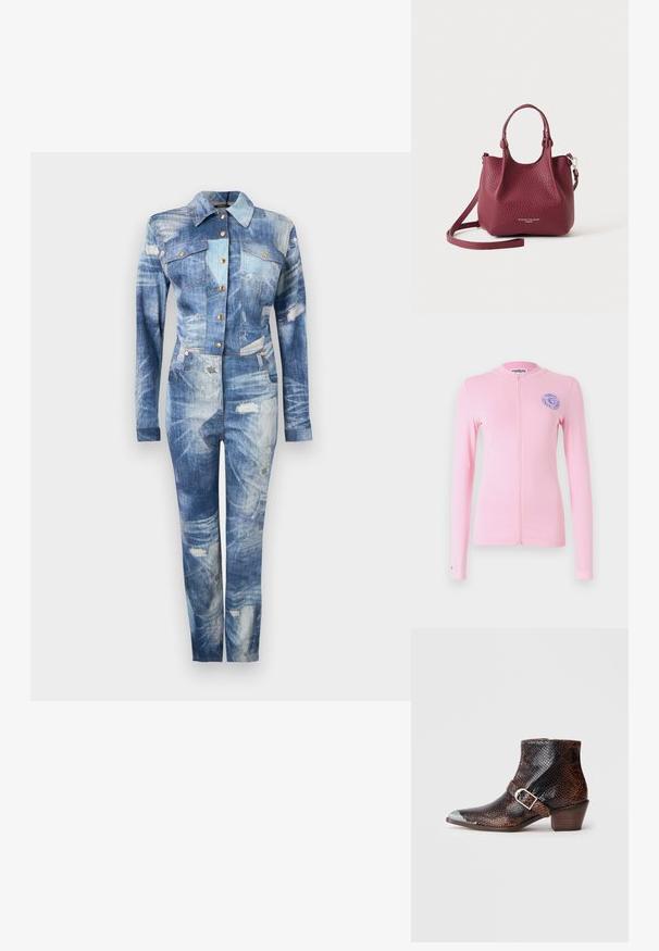 Combinaison en denim à manches longues pour femmes avec texture délavée et usée, fermeture à boutons, poches poitrine et pantalon longueur totale.; Haut à manches longues zippé rose pâle avec un col rond et un détail de logo bleu brodé sur la poitrine gauche. Tissu lisse et design ajusté.; Bottines à imprimé serpent noir et brun avec un embout en métal argenté, accent de boucle et un petit talon en bois. Texture lisse, design ajusté.; Petit sac à main en cuir texturé rouge foncé avec des poignées courtes et une longue bandoulière amovible, logo embossé sur le devant.