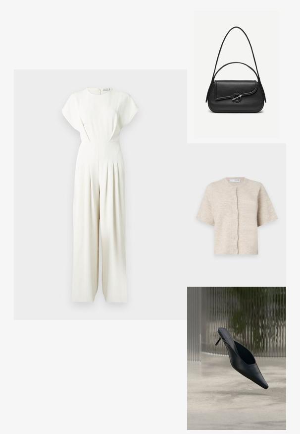 Hvid jumpsuit med kasketærmer, rund halsudskæring, folder foran og lynlås bagpå. Fremstillet af et glat, tekstureret stof.; Beige kortærmet cardigan lavet af blødt, tekstureret materiale med en rund halsudskæring og seks matchende knapper fortil.; Sort mule sko med spids tå og tynd høj hæl, der svæver over en glat beton gulv med en sløret baggrund med lodrette striber.; Sort læderhåndtaske med afrundede kanter, asymmetrisk klap, metalcirkulært spænde samt både korte og lange skulderstropper.