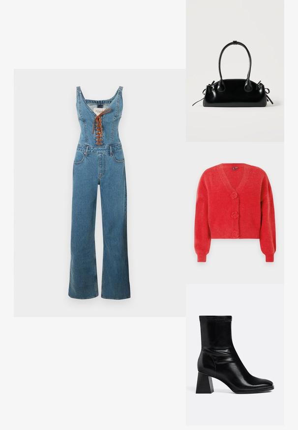Combinaison en denim avec un corsage ajusté et un pantalon à jambes larges, présentant un col arrondi et un devant à lacets marron. Couleur bleu clair et tissu texturé.; Cardigan rouge avec un col en V, trois boutons décoratifs en forme de fleur et des poignets côtelés. Fabriqué en tissu souple et texturé. Coupe courte.; Bottine en cuir noir avec talon bloc carré et bout arrondi, vue latérale sur fond clair uni.; Petit sac à main noir brillant avec deux longues anses et des détails à cordon sur les côtés sur un fond clair uni.