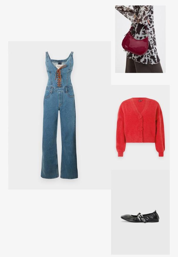 Denim jumpsuit met een nauwsluitend lijfje en wijde pijpen, voorzien van een ronde halslijn en een bruine vetersluiting aan de voorkant. Lichtblauwe kleur en gestructureerde stof.; Rode cardigan met een V-hals, drie decoratieve knopen in de vorm van bloemen en geribbelde manchetten. Gemaakt van zachte, getextureerde stof. Cropped fit.; Zwarte leren platte schoen met een spitse neus, geplooide details rond de opening en een zilveren gespaccentueerde verstelbare band.; Vrouw met een zwart-wit gebloemde blouse houdt een glanzende rode schoudertas vast tegen een effen achtergrond.