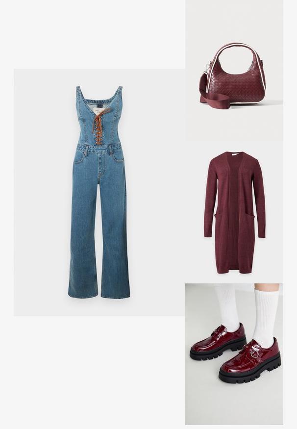 Denim jumpsuit met een nauwsluitend lijfje en wijde pijpen, voorzien van een ronde halslijn en een bruine vetersluiting aan de voorkant. Lichtblauwe kleur en gestructureerde stof.; Bordeauxrode cardigan met lange mouwen, open voorkant, twee voorzakken en geribde boorden en zoom, afgebeeld op een effen achtergrond.; Bordeaux patent leren schoenen met een dikke zwarte zool, dubbele band met hartdetail en geribbelde witte sokken. Retro ontwerp met dikke grip.; Donkerrode geweven leren handtas met gebogen handvat, witte bies, zilveren rits en afneembare brede stoffen schouderriem tegen een effen achtergrond.