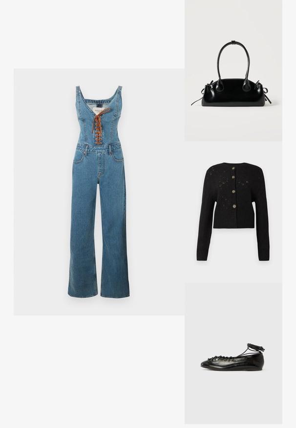 Combinaison en denim avec un corsage ajusté et un pantalon à jambes larges, présentant un col arrondi et un devant à lacets marron. Couleur bleu clair et tissu texturé.; Cardigan noir court avec un motif tricoté texturé, doté d'un ourlet côtelé et de cinq boutons ronds marron sur le devant.; Ballerines en cuir verni noir avec un bout rond, un design à lacets et une semelle plate. Texture lisse avec peu de détails.; Petit sac à main noir brillant avec deux longues anses et des détails à cordon sur les côtés sur un fond clair uni.
