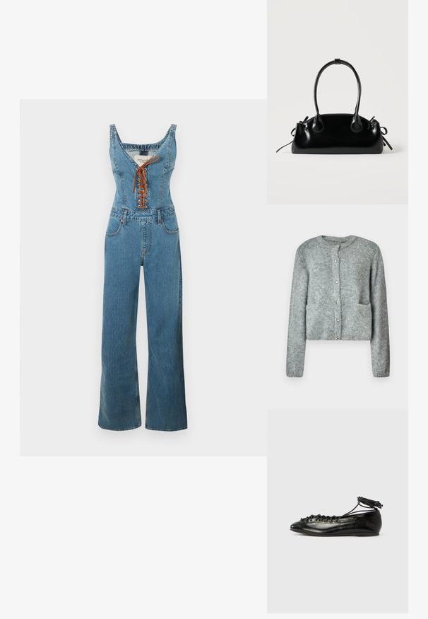 Combinaison en denim avec un corsage ajusté et un pantalon à jambes larges, présentant un col arrondi et un devant à lacets marron. Couleur bleu clair et tissu texturé.; Cardigan en tricot gris clair avec un col rond, une fermeture à boutons, des manches longues et deux poches avant. Texture douce et motif subtil.; Ballerines en cuir verni noir avec un bout rond, un design à lacets et une semelle plate. Texture lisse avec peu de détails.; Petit sac à main noir brillant avec deux longues anses et des détails à cordon sur les côtés sur un fond clair uni.