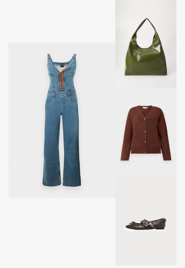 Combinaison en denim avec un corsage ajusté et un pantalon à jambes larges, présentant un col arrondi et un devant à lacets marron. Couleur bleu clair et tissu texturé.; Cardigan en tricot marron avec un col en V, fermeture à boutons sur le devant et deux poches avant. Présente des poignets et un ourlet côtelés.; Chaussure plate en cuir marron foncé avec bout pointu, doubles brides à boucles argentées, œillets métalliques et nœud décoratif à l'avant.; Sac hobo en cuir vert au design décontracté, avec une poignée incurvée et une texture lisse. Ne contient aucun matériel ou accent visible.