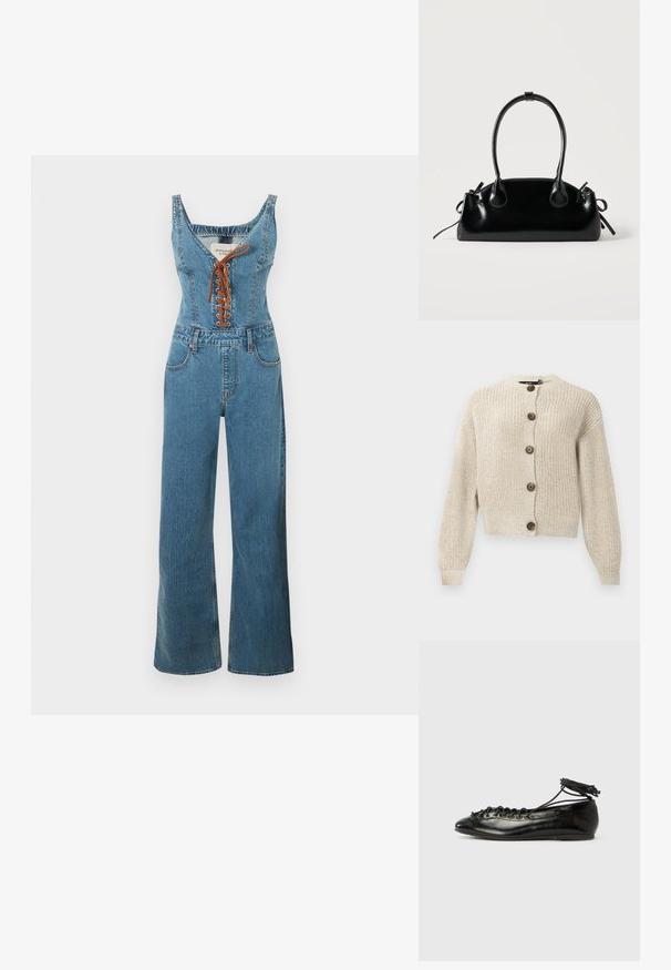 Combinaison en denim avec un corsage ajusté et un pantalon à jambes larges, présentant un col arrondi et un devant à lacets marron. Couleur bleu clair et tissu texturé.; Gilet en tricot beige avec des manches longues et cinq grands boutons marron sur le devant, présentant un col et des poignets côtelés.; Ballerines en cuir verni noir avec un bout rond, un design à lacets et une semelle plate. Texture lisse avec peu de détails.; Petit sac à main noir brillant avec deux longues anses et des détails à cordon sur les côtés sur un fond clair uni.