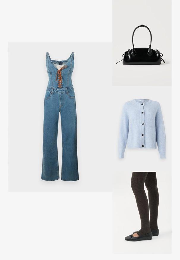 Denim overall med en tætsiddende overdel og vide bukseben, der har en rund halsudskæring og brun snørelukning foran. Lyseblå farve og struktureret stof.; Lyseblå cardigan lavet af blødt, ribbet materiale, med rund halsudskæring, lange ærmer og seks sorte knapper nedad foran.; Ben iført mørke ribbede leggings kombineret med sorte balletsko med små sløjfedetaljer på hvid baggrund.; Lille sort blank håndtaske med to lange håndtag og snøre-detaljer i siden på en ensfarvet lys baggrund.