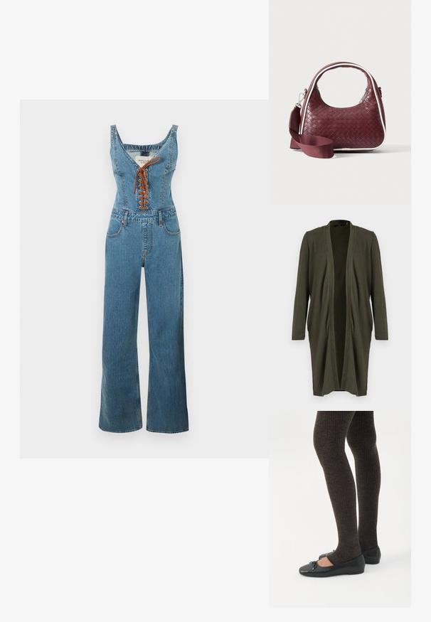 Denim jumpsuit met een nauwsluitend lijfje en wijde pijpen, voorzien van een ronde halslijn en een bruine vetersluiting aan de voorkant. Lichtblauwe kleur en gestructureerde stof.; Olijfgroen open cardigan met lange mouwen, gemaakt van een zachte, lichte stof, met een gedrapeerde voorkant en zonder sluitingen.; Benen met donkere geribbelde leggings gecombineerd met zwarte ballerina's met kleine strikdetails op een witte achtergrond.; Donkerrode geweven leren handtas met gebogen handvat, witte bies, zilveren rits en afneembare brede stoffen schouderriem tegen een effen achtergrond.