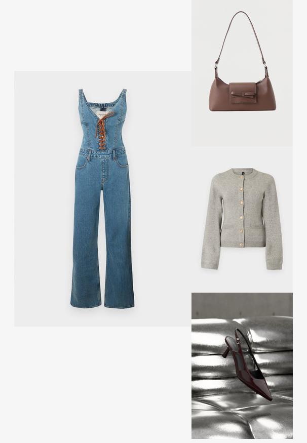 Combinaison en denim avec un corsage ajusté et un pantalon à jambes larges, présentant un col arrondi et un devant à lacets marron. Couleur bleu clair et tissu texturé.; Cardigan en maille gris clair avec un col rond, des manches longues et des boutons dorés sur le devant. Il dispose de deux poches avant.; Escarpin slingback à talon haut, rouge foncé brillant avec bout pointu, présenté sur une surface en cuir argenté capitonné et brillant.; Sac à bandoulière en cuir marron avec une poche à rabat avant ornée d'un détail en forme de nœud cousu et une sangle réglable.