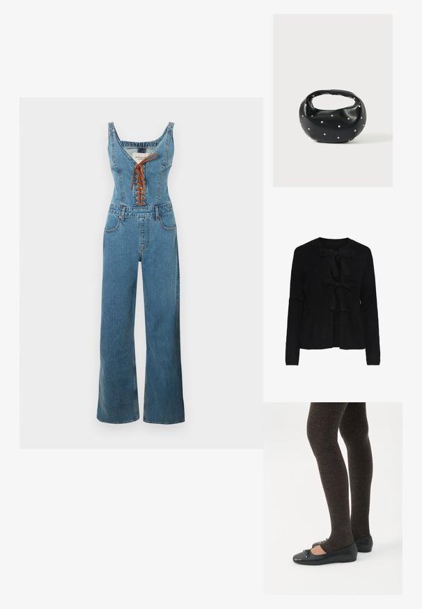 Denim overall med en tætsiddende overdel og vide bukseben, der har en rund halsudskæring og brun snørelukning foran. Lyseblå farve og struktureret stof.; Sort strikket cardigan med rund halsudskæring, prydet med to frontsnøringer og et struktureret mønster. Lange ærmer og cropped længde.; Ben iført mørke ribbede leggings kombineret med sorte balletsko med små sløjfedetaljer på hvid baggrund.; Sort læderhåndtaske med en rundet form, dekoreret med sølvnitter, og et kort håndtag. Glat tekstur og lynlåslukning.