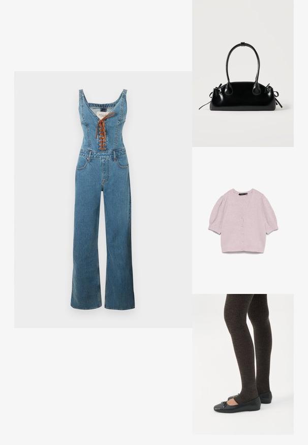 Denim jumpsuit met een nauwsluitend lijfje en wijde pijpen, voorzien van een ronde halslijn en een bruine vetersluiting aan de voorkant. Lichtblauwe kleur en gestructureerde stof.; Licht lavendelkleurig vest met knopen, korte opgeblazen mouwen en een zachte, getextureerde gebreide stof op een witte achtergrond.; Benen met donkere geribbelde leggings gecombineerd met zwarte ballerina's met kleine strikdetails op een witte achtergrond.; Kleine zwarte glanzende handtas met twee lange hengsels en zijkant trekkoord details op een effen lichte achtergrond.