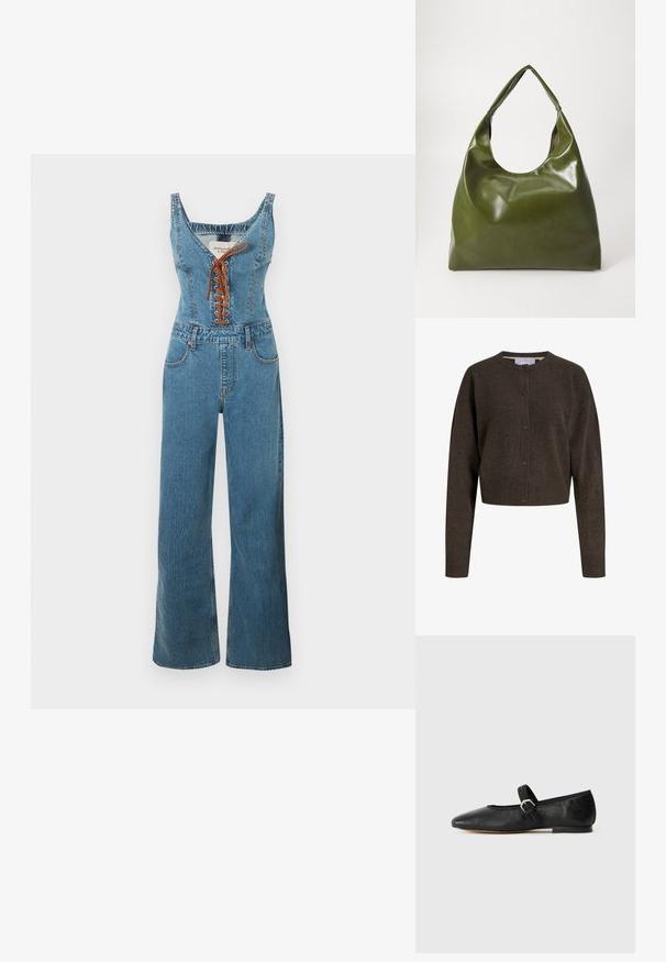 Combinaison en denim avec un corsage ajusté et un pantalon à jambes larges, présentant un col arrondi et un devant à lacets marron. Couleur bleu clair et tissu texturé.; Cardigan en maille marron foncé boutonné, manches longues, poignets et ourlet côtelés, avec un col rond.; Ballerines en cuir noir avec un embout pointu, une sangle avec une boucle et une semelle basse et plate. Texture lisse avec des éléments de design minimaux.; Sac hobo en cuir vert au design décontracté, avec une poignée incurvée et une texture lisse. Ne contient aucun matériel ou accent visible.