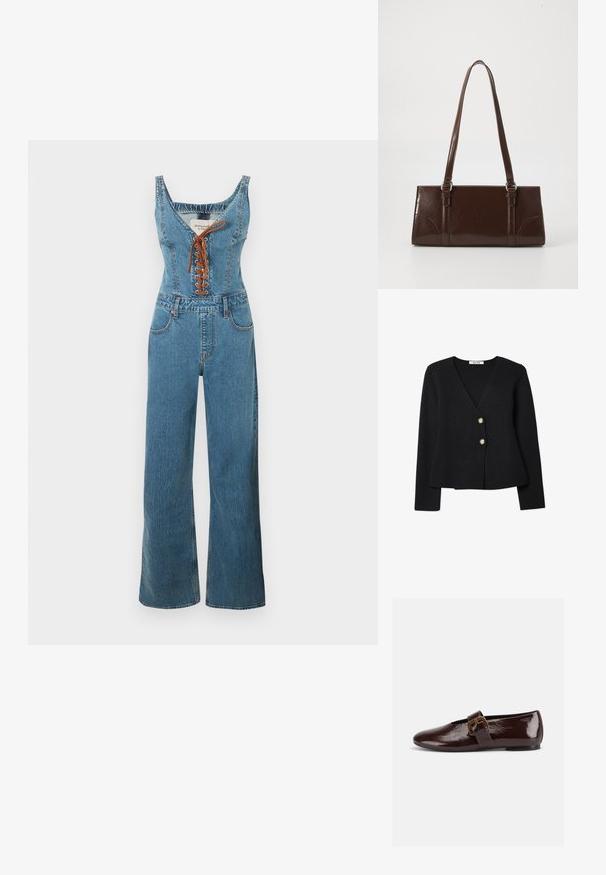 Denim jumpsuit met een nauwsluitend lijfje en wijde pijpen, voorzien van een ronde halslijn en een bruine vetersluiting aan de voorkant. Lichtblauwe kleur en gestructureerde stof.; Zwarte gebreide cardigan met een V-hals, voorzien van twee gouden knopen en een licht uitlopende zoom. Zachte textuur en lange mouwen.; Donkerbruine lakleren platte schoen met een grote gouden gesp en een afgeronde teen, zijaanzicht op een witte achtergrond.; Bruine lakleren handtas met een rechthoekige vorm, twee lange handvatten en subtiele gebogen accenten aan de voorkant.