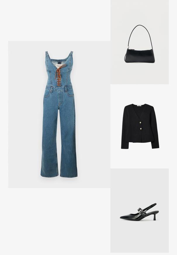 Denim jumpsuit met een nauwsluitend lijfje en wijde pijpen, voorzien van een ronde halslijn en een bruine vetersluiting aan de voorkant. Lichtblauwe kleur en gestructureerde stof.; Zwarte gebreide cardigan met een V-hals, voorzien van twee gouden knopen en een licht uitlopende zoom. Zachte textuur en lange mouwen.; Zwarte gepatineerde leren slingback hakken met een puntige neus en een kleine blokhak, met een zilveren gespaccent op de band.; Zwart rechthoekig handtasje met een dunne band en ritssluiting, afgebeeld tegen een effen witte achtergrond.