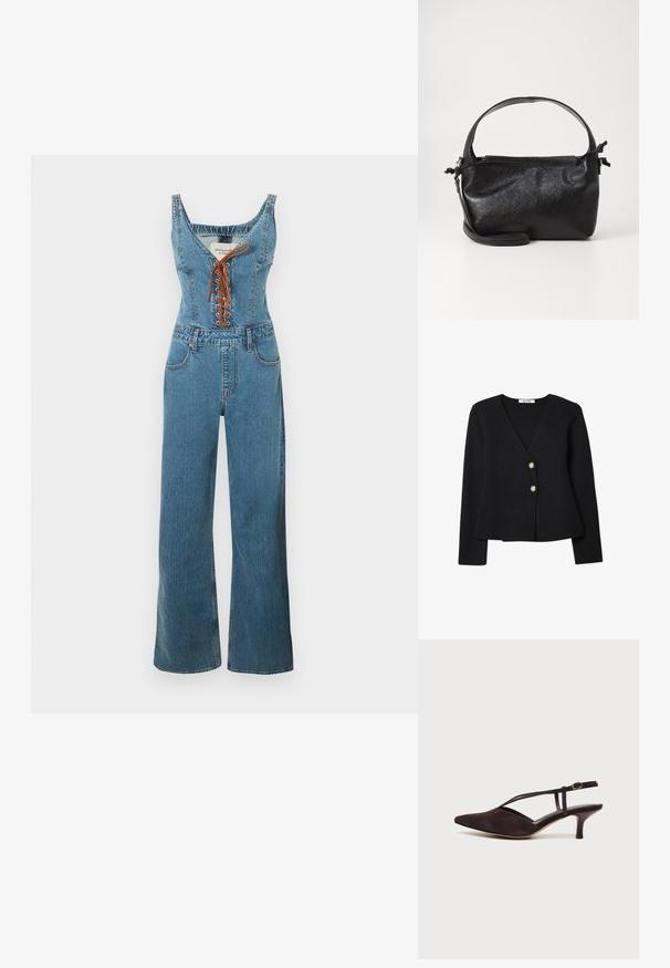 Denim overall med en tætsiddende overdel og vide bukseben, der har en rund halsudskæring og brun snørelukning foran. Lyseblå farve og struktureret stof.; Sort strikket cardigan med v-udskæring, fremhævet af to guldknapper og en let udvidet kant. Blød struktur og lange ærmer.; Mørkebrun ruskind slingback pumps med spids tå og tynd ankelrem med guldspænde, vist mod hvid baggrund.; Sort læderhåndtaske med et struktureret design, rund tophåndtag og aftagelig skulderrem. Den har en glat tekstur og en subtil glans.