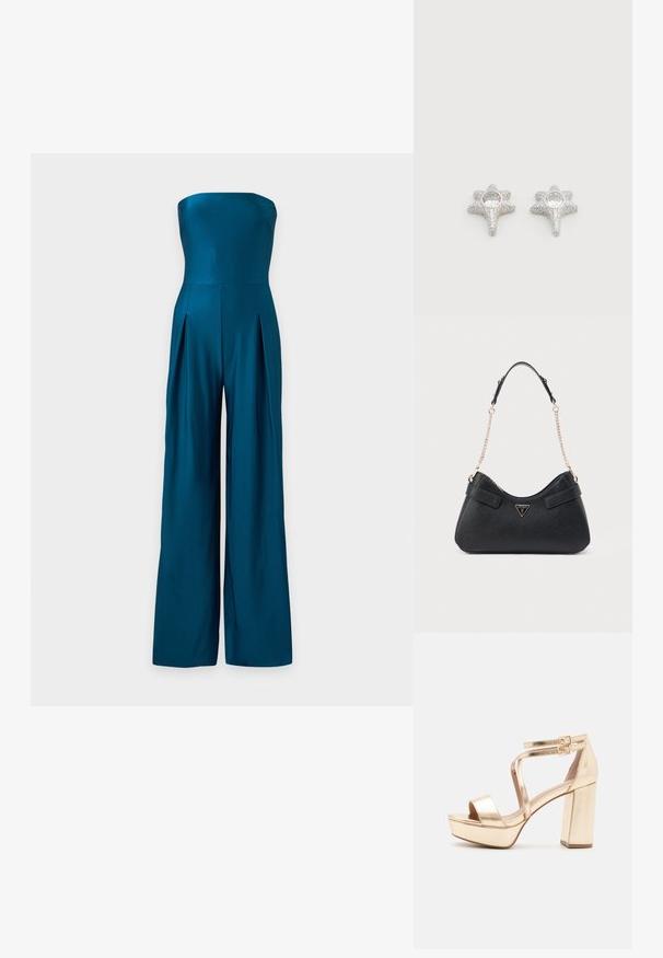 Combinaison bustier bleu sarcelle avec jambes larges et plis sous la taille cintrée sur un fond clair uni.; Sandales plateformes métalliques dorées avec un talon bloc épais, bout ouvert et des sangles croisées à la cheville avec des accents de boucles. Texture lisse.; Sac à main noir avec une finition texturée, silhouette incurvée, double bandoulière en cuir et chaîne, ornée d'un logo doré.; Boucles d'oreilles argentées en forme d'étoile avec surface texturée, présentant une pierre précieuse ronde et claire au centre. Finition scintillante qui rehausse l'attrait visuel.