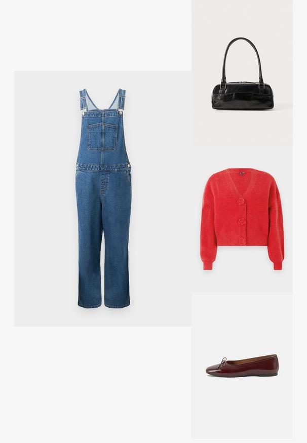 Denim overalls med justerbare stropper, en frontlomme og sidelommer. Farven er en mellemblå med en let falmet struktur.; Rød cardigan med V-hals, tre dekorative knapper formet som blomster og ribbede manchetter. Lavet af blødt, struktureret stof. Kort pasform.; Bordeaux patentlæder balletflad med rund tå, lille sløjfeaccent foran og en lav, sort gummisål. Glat tekstur.; Sort læderhåndtaske med rektangulær form, der har et enkelt struktureret håndtag, sølvhardware og lynlås-lukning. Glat tekstur.