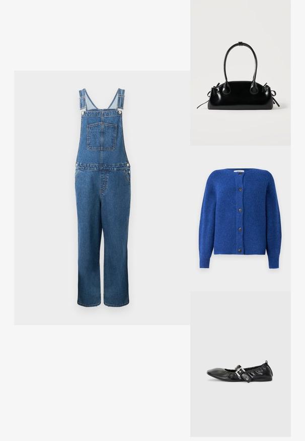 Jeanssalopette met verstelbare bandjes, een voorzak en zijzakken. De kleur is een middeldonkere blauwe tint met een licht vervaagde structuur.; Blauwe gebreide cardigan met een ronde halslijn, lange mouwen en zes zwarte knopen aan de voorkant. Gestructureerde stof met een zachte afwerking.; Zwarte leren platte schoen met een spitse neus, geplooide details rond de opening en een zilveren gespaccentueerde verstelbare band.; Kleine zwarte glanzende handtas met twee lange hengsels en zijkant trekkoord details op een effen lichte achtergrond.