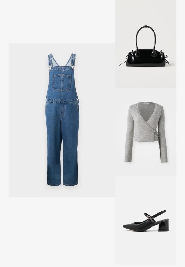 Jeanssalopette met verstelbare bandjes, een voorzak en zijzakken. De kleur is een middeldonkere blauwe tint met een licht vervaagde structuur.; Grijze wikkelcardigan van zacht breigoed, met lange mouwen, een diepe V-hals en een strikdetail op de taille.; Zwarte gepolijste leren slingback hakken met een spitse neus, een ronde uitsnede en een blokhak. Voorzien van een gouden gespaccent.; Kleine zwarte glanzende handtas met twee lange hengsels en zijkant trekkoord details op een effen lichte achtergrond.
