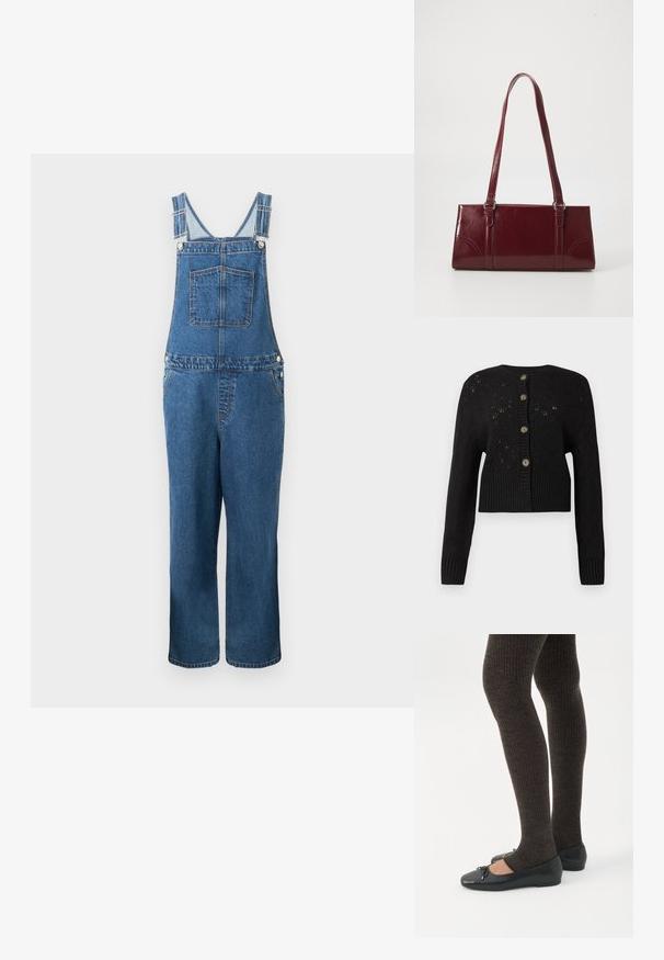 Denim overalls med justerbare stropper, en frontlomme og sidelommer. Farven er en mellemblå med en let falmet struktur.; Sort cropped cardigan med et struktureret strikket mønster, der har en ribbet kant og fem runde brune knapper ned ad forsiden.; Ben iført mørke ribbede leggings kombineret med sorte balletsko med små sløjfedetaljer på hvid baggrund.; Bordeaux håndtaske lavet af glansfuldt materiale, rektangulær form, med to skulderremme og subtile buede detaljer på forsiden.
