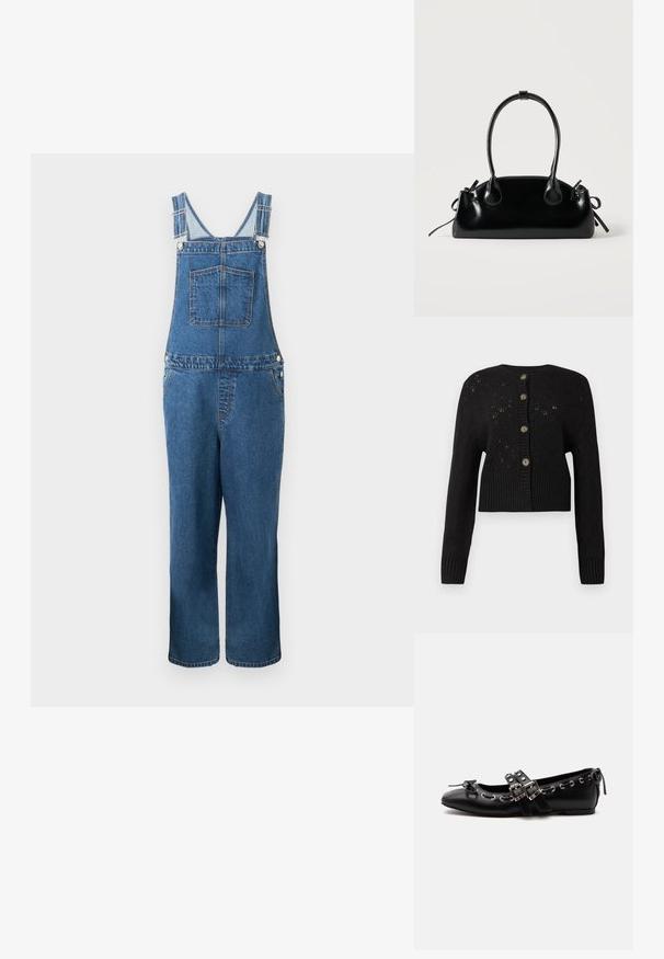 Jeanssalopette met verstelbare bandjes, een voorzak en zijzakken. De kleur is een middeldonkere blauwe tint met een licht vervaagde structuur.; Zwarte cropped cardigan met een gestructureerd gebreid patroon, voorzien van een geribde onderkant en vijf ronde bruine knopen aan de voorkant.; Zwarte platte balletschoen met dubbele gespsluitingen, zilveren oogjes en een klein strikje nabij de afgeronde neus op een witte achtergrond.; Kleine zwarte glanzende handtas met twee lange hengsels en zijkant trekkoord details op een effen lichte achtergrond.