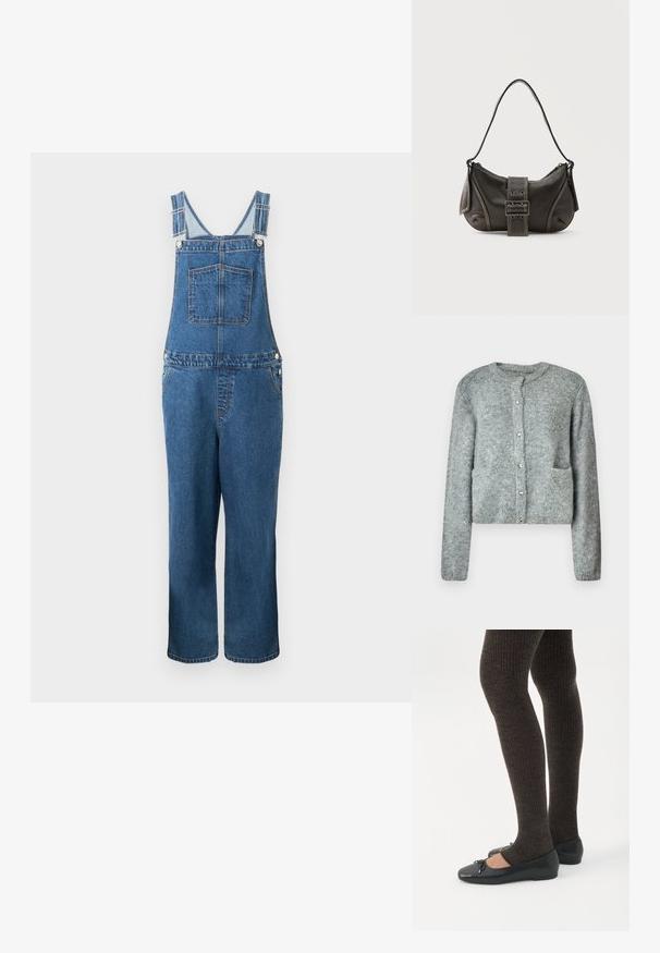 Salopette en denim avec des bretelles réglables, une poche frontale et des poches latérales. La couleur est un bleu moyen avec une texture légèrement décolorée.; Cardigan en tricot gris clair avec un col rond, une fermeture à boutons, des manches longues et deux poches avant. Texture douce et motif subtil.; Jambes portant des leggings côtelés foncés associés à des ballerines noires avec de petits détails en nœud sur fond blanc.; Sac à épaule en cuir noir avec une sangle à boucle, des bords arrondis et des coutures blanches contrastées sur un fond uni.