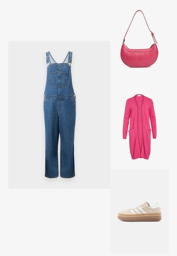 Denim overalls med justerbare stropper, en frontlomme og sidelommer. Farven er en mellemblå med en let falmet struktur.; Lang åben cardigan i lys pink. Fremstillet af blødt materiale med ribbede manchetter og to frontlommer. Casual, afslappet pasform.; Beige ruskindsneaker med hvide læderdetaljer, der har tre hvide striber, et gyldent logo og en tyk, gennemsigtig gummisål.; Lyserød læderhandbag med en buet form, en enkelt justerbar skulderrem og en top-lynlås. Tekstureret overflade med synlige folder.