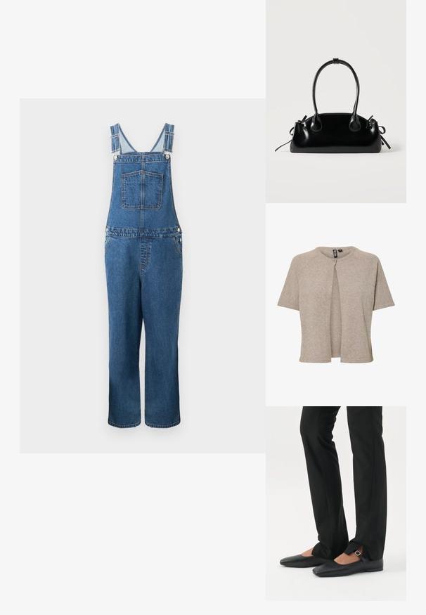Denim overalls med justerbare stropper, en frontlomme og sidelommer. Farven er en mellemblå med en let falmet struktur.; Beige strikket cardigan med rund hals, korte ærmer og knaplukning fortil, designet med en afslappet pasform og blød tekstur.; Ben iført sorte smalle bukser med forreste slidser ved kanten, parret med sorte flade Mary Jane-sko med lille spænde.; Lille sort blank håndtaske med to lange håndtag og snøre-detaljer i siden på en ensfarvet lys baggrund.