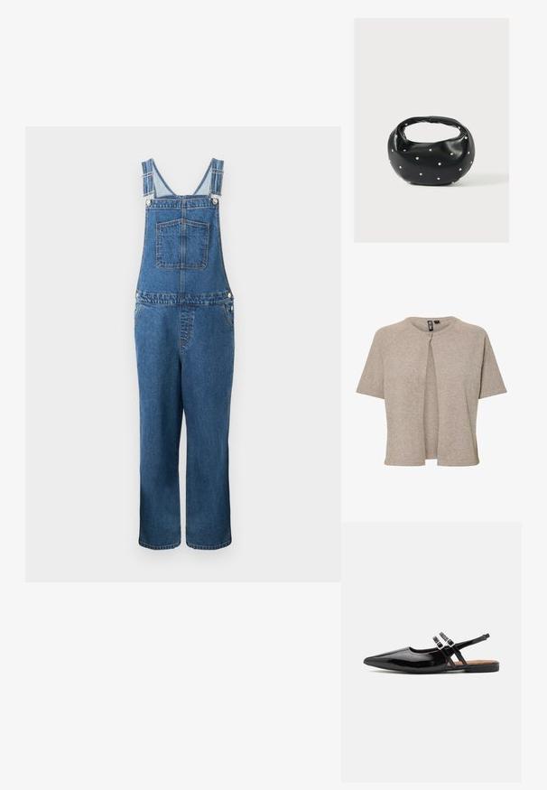 Jeanssalopette met verstelbare bandjes, een voorzak en zijzakken. De kleur is een middeldonkere blauwe tint met een licht vervaagde structuur.; Beige gebreide cardigan met een ronde halslijn, korte mouwen en een voorknoopsluiting, ontworpen met een relaxte pasvorm en een zachte textuur.; Zwarte gepatineerde leren slingback schoenen hebben een spitse neus, twee banden met gespsieraden en een platte zool.; Zwarte leren handtas met een afgeronde vorm, versierd met zilveren studs, en een korte handgreep. Gladde textuur en ritsluiting.