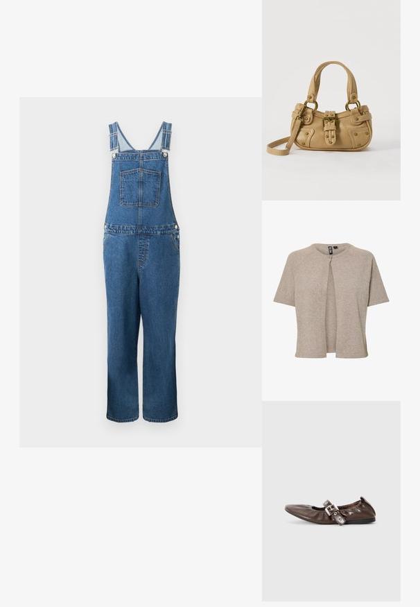 Denim overalls med justerbare stropper, en frontlomme og sidelommer. Farven er en mellemblå med en let falmet struktur.; Beige strikket cardigan med rund hals, korte ærmer og knaplukning fortil, designet med en afslappet pasform og blød tekstur.; Brun lakeret flad sko med spids tå, elastisk sløjfedetalje og en sølvspændeaccent på siden. Sort gummisål.; Beige læderhåndtaske med dobbelte håndtag, messing spænde og nitte detaljer samt en justerbar skulderrem mod en hvid baggrund.