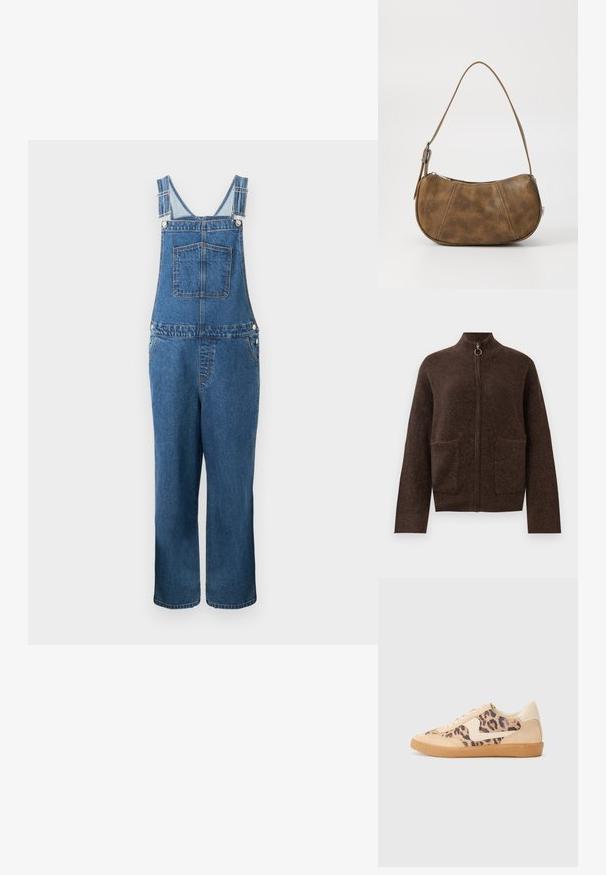 Denim overalls med justerbare stropper, en frontlomme og sidelommer. Farven er en mellemblå med en let falmet struktur.; Mørkebrun, fuzzy zip-up cardigan med høj hals, to forlommer og lange ærmer på en hvid baggrund.; Leopardprint sneakers med beige ruskindsoverdel, tan gummisål og hvide detaljer. Rund pegefinger og snørebåndsdesign med en tekstureret finish.; Brun faux læder skuldertaske med en buet form, en enkelt strop, kontrasterende syninger og en lynlåslukning langs den øverste kant.