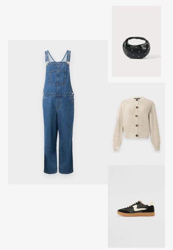 Salopette en denim avec des bretelles réglables, une poche frontale et des poches latérales. La couleur est un bleu moyen avec une texture légèrement décolorée.; Gilet en tricot beige avec des manches longues et cinq grands boutons marron sur le devant, présentant un col et des poignets côtelés.; Baskets en daim et cuir noir avec un swoosh latéral crème et un talon crème clair. Dotées de lacets beige et d'une semelle en caoutchouc gomme.; Sac à main en cuir noir de forme arrondie, décoré de clous argentés et équipé d'une poignée courte. Texture lisse et fermeture éclair.