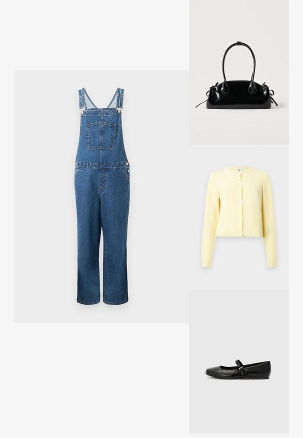 Jeanssalopette met verstelbare bandjes, een voorzak en zijzakken. De kleur is een middeldonkere blauwe tint met een licht vervaagde structuur.; Geel geribbeld vest met lange mouwen, ronde halslijn en vijf knoopsluitingen aan de voorkant. Zachte textuur met een cropped fit.; Zwarte leren balletschoenen met een ronde neus, een platte zool en een dunne verstelbare band over de wreef met een metalen gesp.; Kleine zwarte glanzende handtas met twee lange hengsels en zijkant trekkoord details op een effen lichte achtergrond.